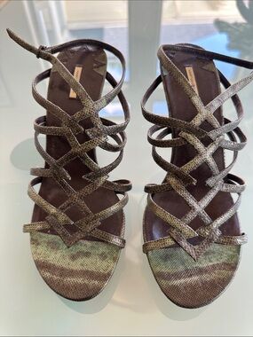 Max Studio Olive and Brown Snake embossed Strappy Heeled Cage Sandals Size 8.5